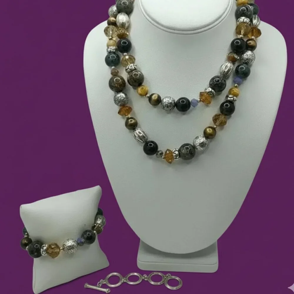 Vera Wang Beaded Necklace & Bracelet Set Earth Tone Boho